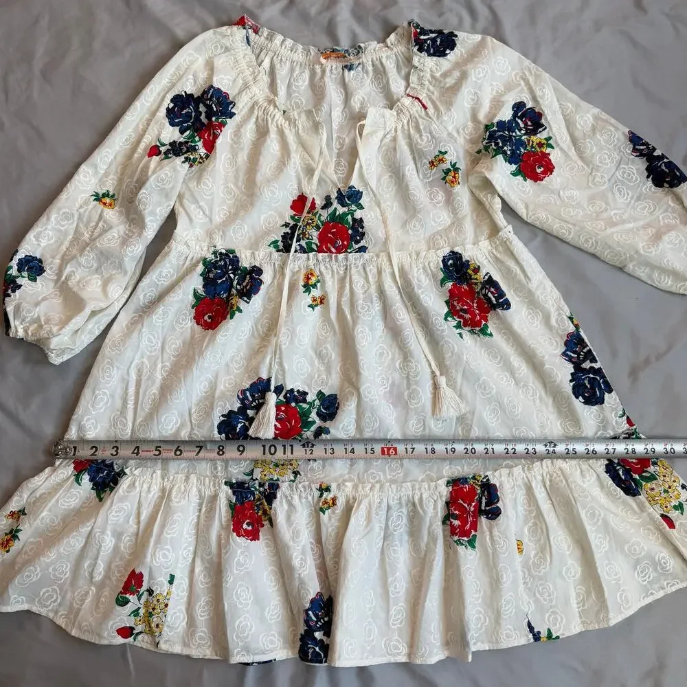 Tory Burch Ivory Floral Embroidered Peasant Tunic Dress Women's XS Long Sleeve